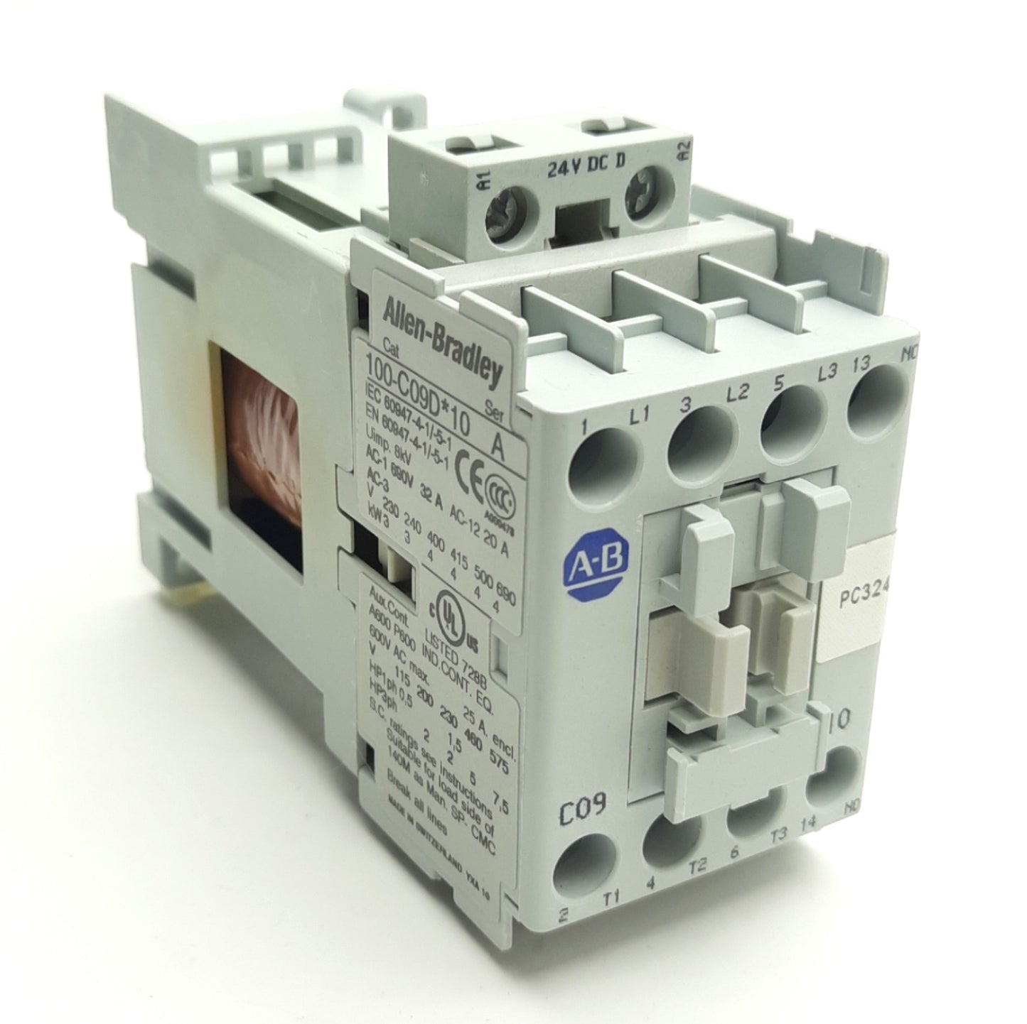 Used Allen Bradley 100-C09D*10 Contactor, 3-Pole W/ N/O Aux, 25A 600VAC, Coil 24VDC