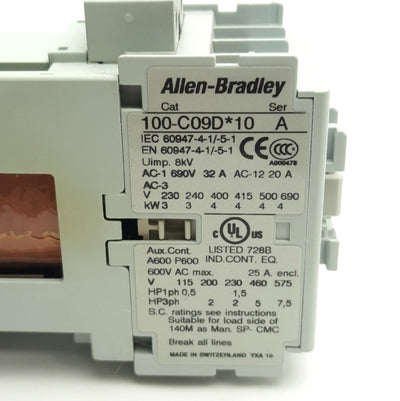 Used Allen Bradley 100-C09D*10 Contactor, 3-Pole W/ N/O Aux, 25A 600VAC, Coil 24VDC