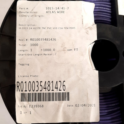 New – Open box Atlas Wire 1015-14/41-7 Hook-Up Wire 1000' 14AWG, OD Ø0.140" 600V, Purple