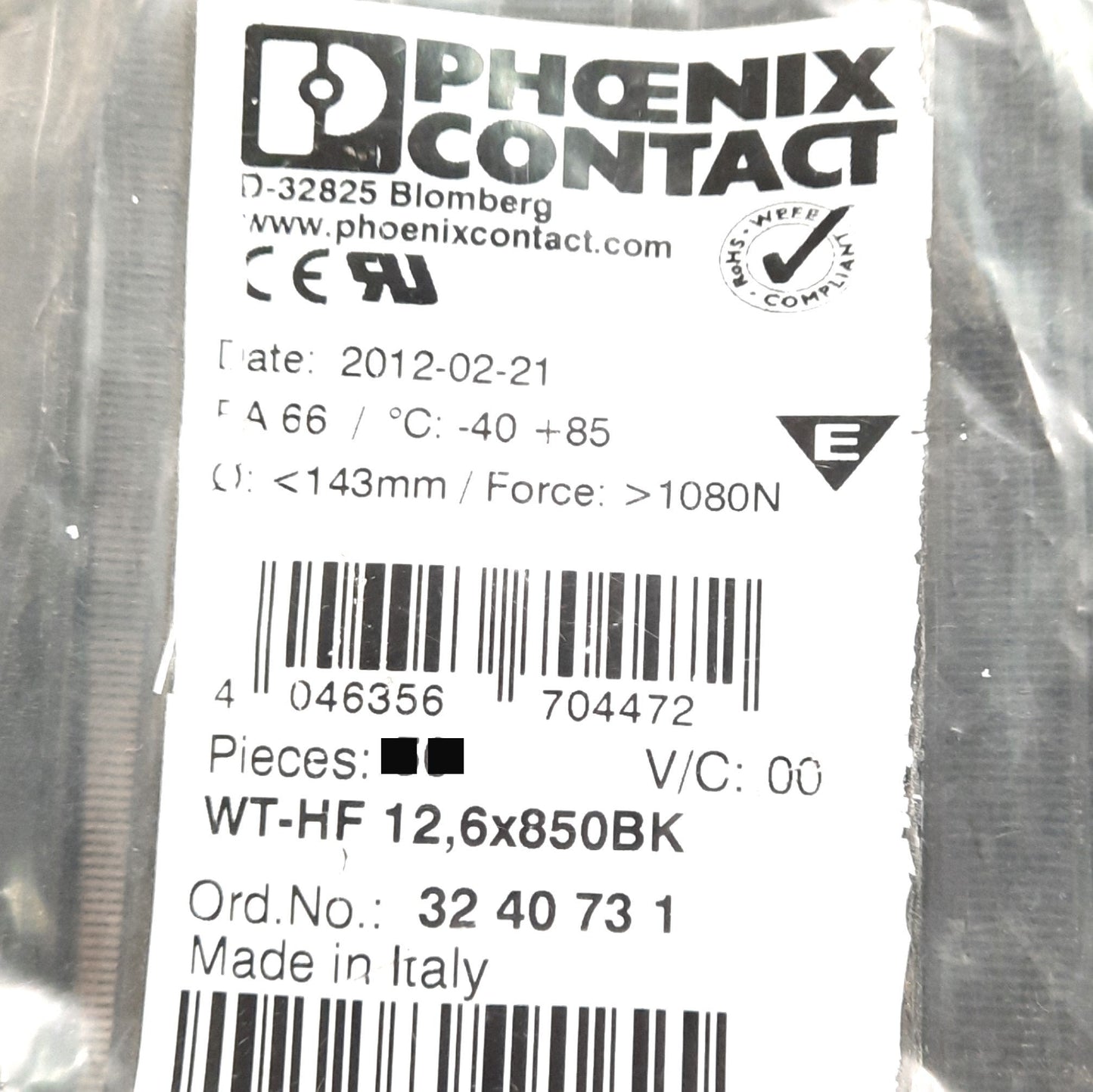 New – Open box Lot of 45 Phoenix Contact 3240731 WT-HF 12,6/850BK Cable Ties 12.6mm x 850mm