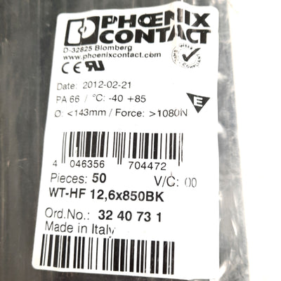 New Lot of 50 Phoenix Contact 3240731 WT-HF 12,6/850BK Cable Ties 12.6mm x 850mm