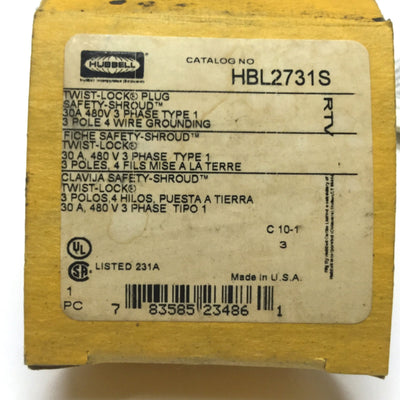 New – Open box Hubbell HBL2731S Twist-Lock Safety-Shroud Plug 30A 480VAC 3PH, 3P 4W, L16-30P