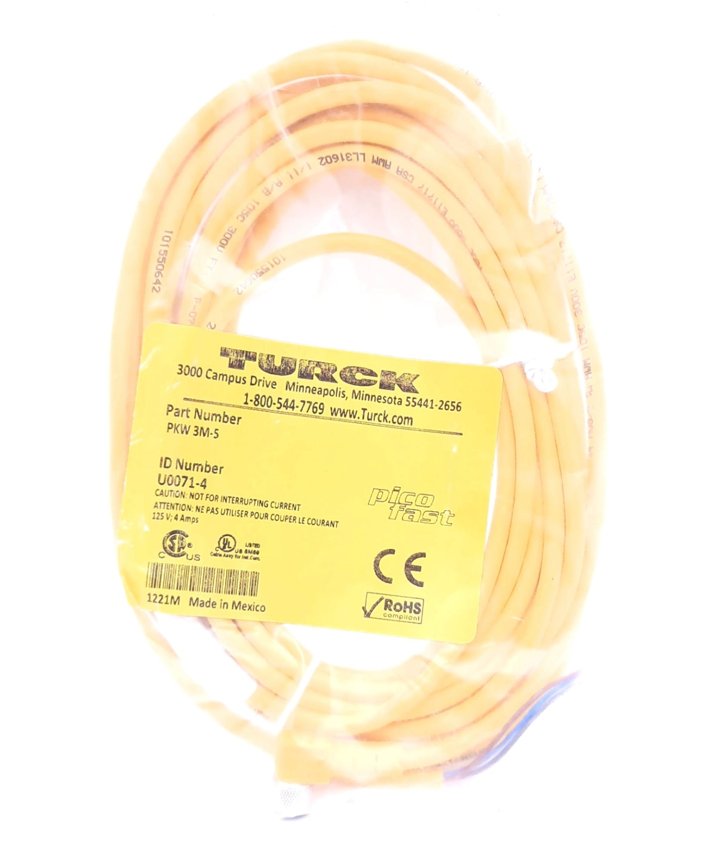 New Lot of 2 Turck PKW 3M-5 Cordset Right Angle M8 Female, 24 AWG 125V, 4A, 16ft