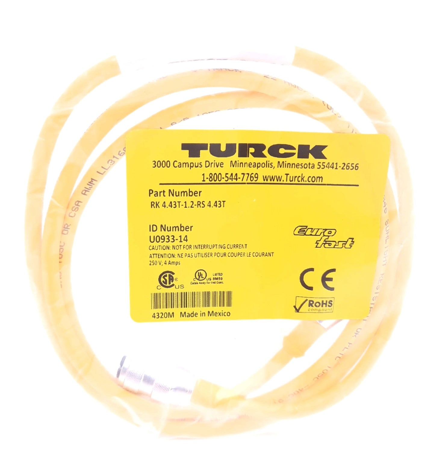 New Turck RK 4.43T-1.2-RS 4.43T Cordset M12 Eurofast Male Straight to M12 Female