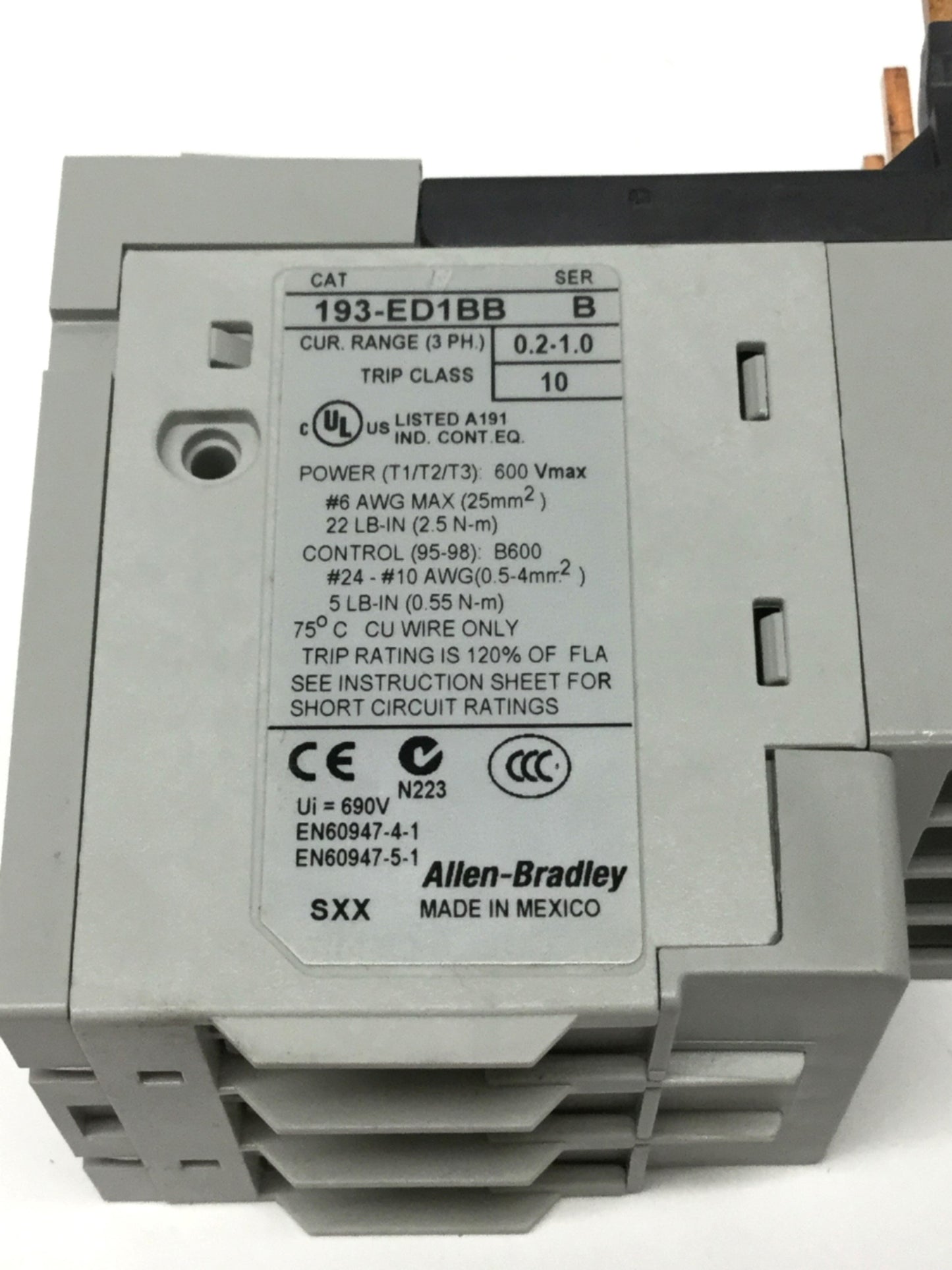 Used Allen Bradley 193-ED1BB Solid State Overload Relay 0.2-1A 3-Phase 600VAC Max
