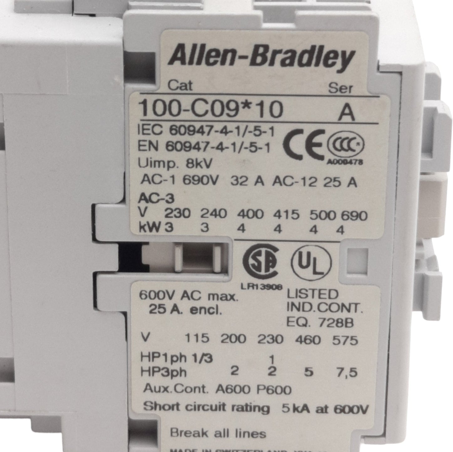 Used Allen Bradley 100-C09D10 Motor Contactor Relay 25A, 3-Pole +1NO, 110/120VAC Coil