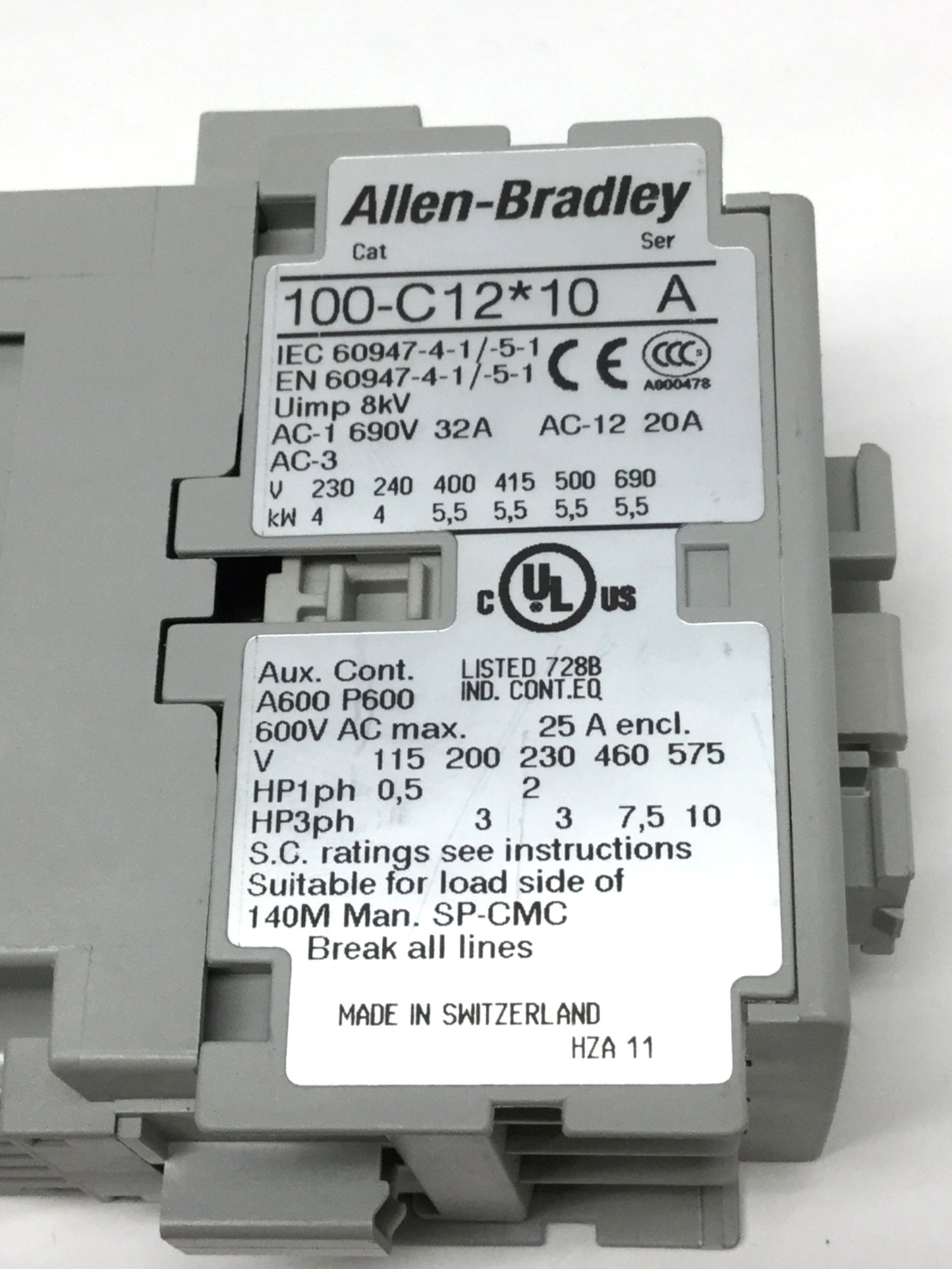 Used Allen Bradley 100-C12D10 Contactor 110/120VAC Coil, 600VAC 25A, 3-Pole + 1NO