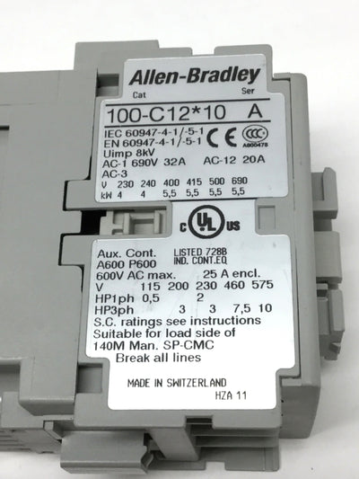 Used Allen Bradley 100-C12D10 Contactor 110/120VAC Coil, 600VAC 25A, 3-Pole + 1NO