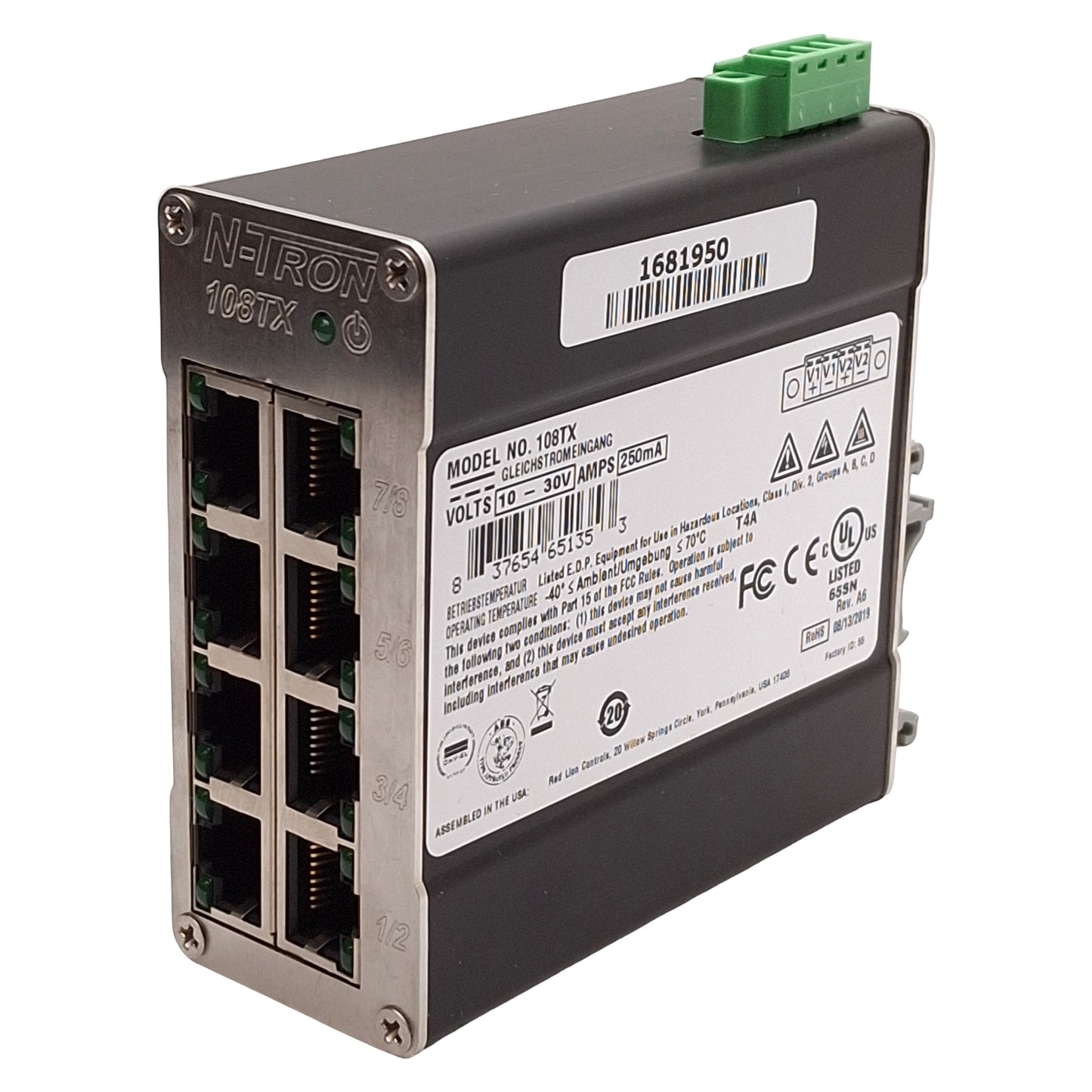 Used N-Tron 108TX Unmanaged Industrial Ethernet Switch 8-Port, 10/100BaseTX, 10-30VDC