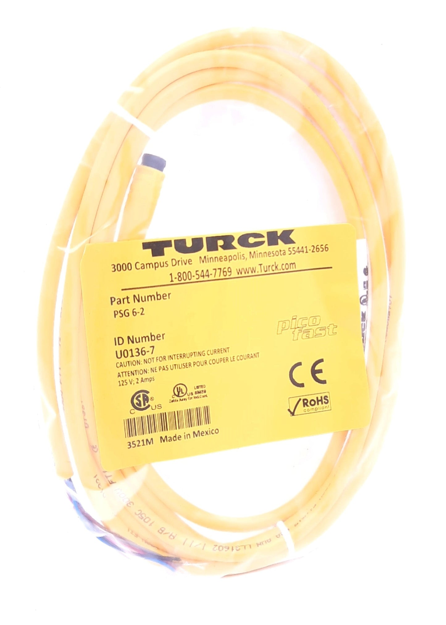 New Turck PSG 6-2 Cable Cordset 6-pin M8 picofast Male Snap-Lock 125VAC 2A 2m (6ft)