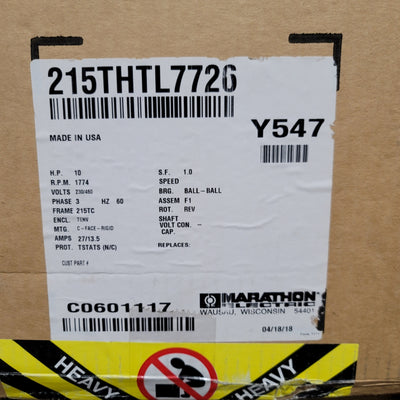 New Marathon Electric 215THTL7726 AC Motor 10HP, 230/460VAC 3-Ph, 215TC, 1,774RPM