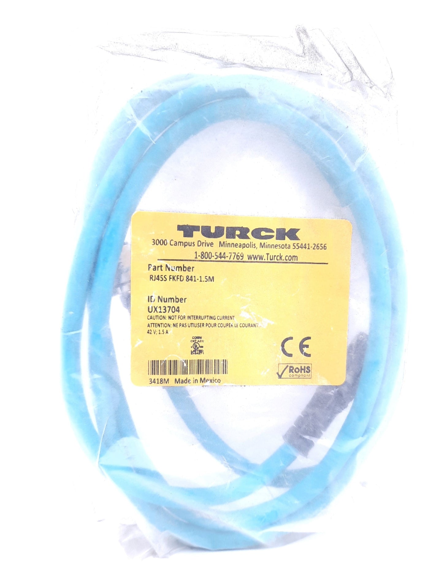 New Turck RJ45S FKFD 841-1.5M Double Ended Ethernet Cable 42VAC 1.5A 1.5m (4ft)