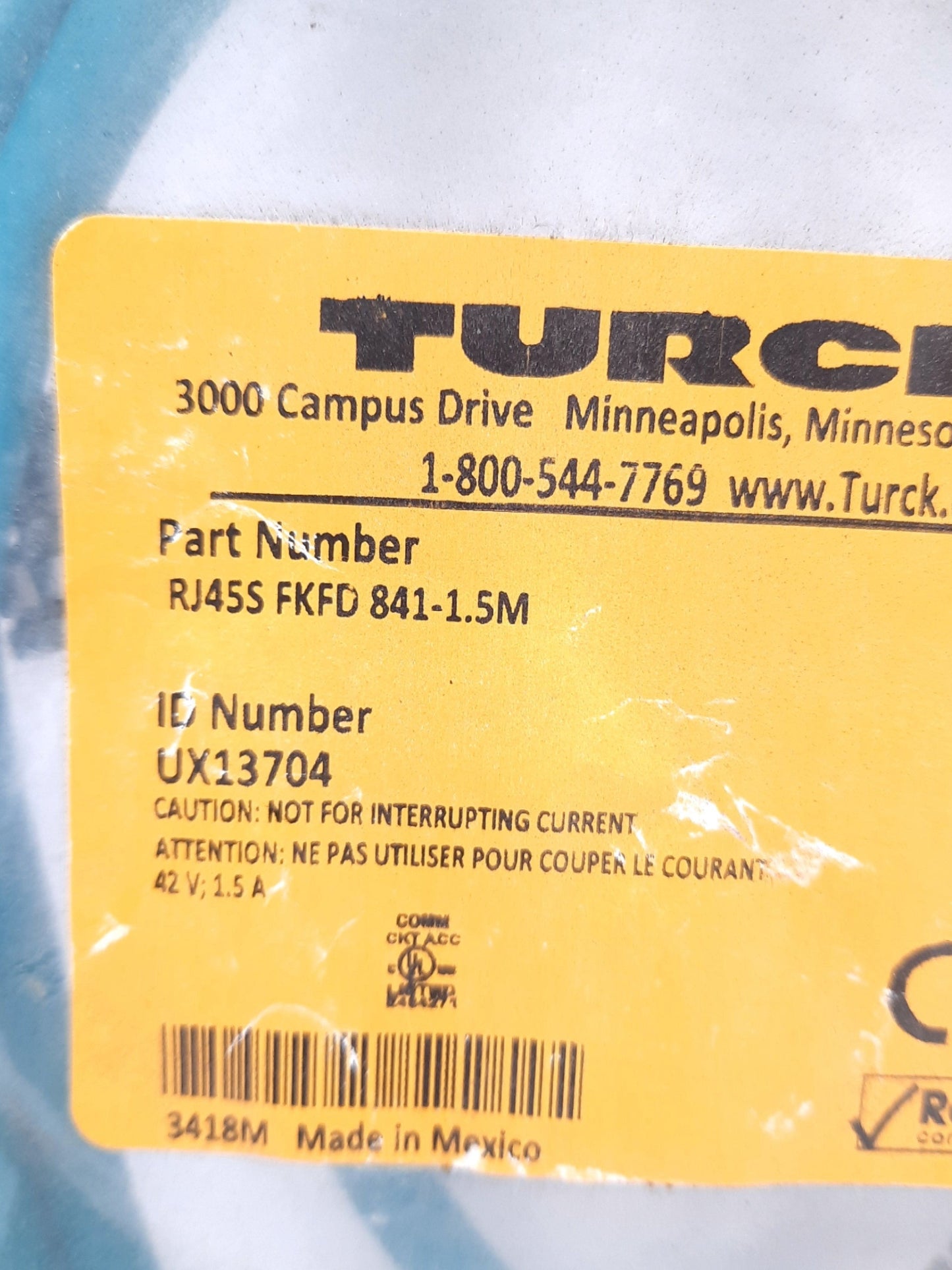 New Turck RJ45S FKFD 841-1.5M Double Ended Ethernet Cable 42VAC 1.5A 1.5m (4ft)