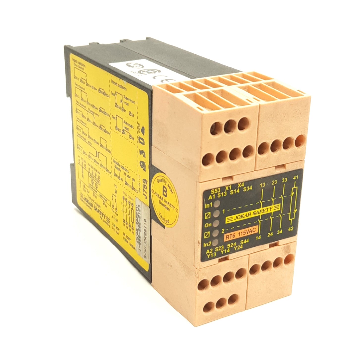 Used Jokab Safety RT6-115 Safety Relay, 5 Inputs, 3NO 1NC Relay Outputs, 115V AC Coil