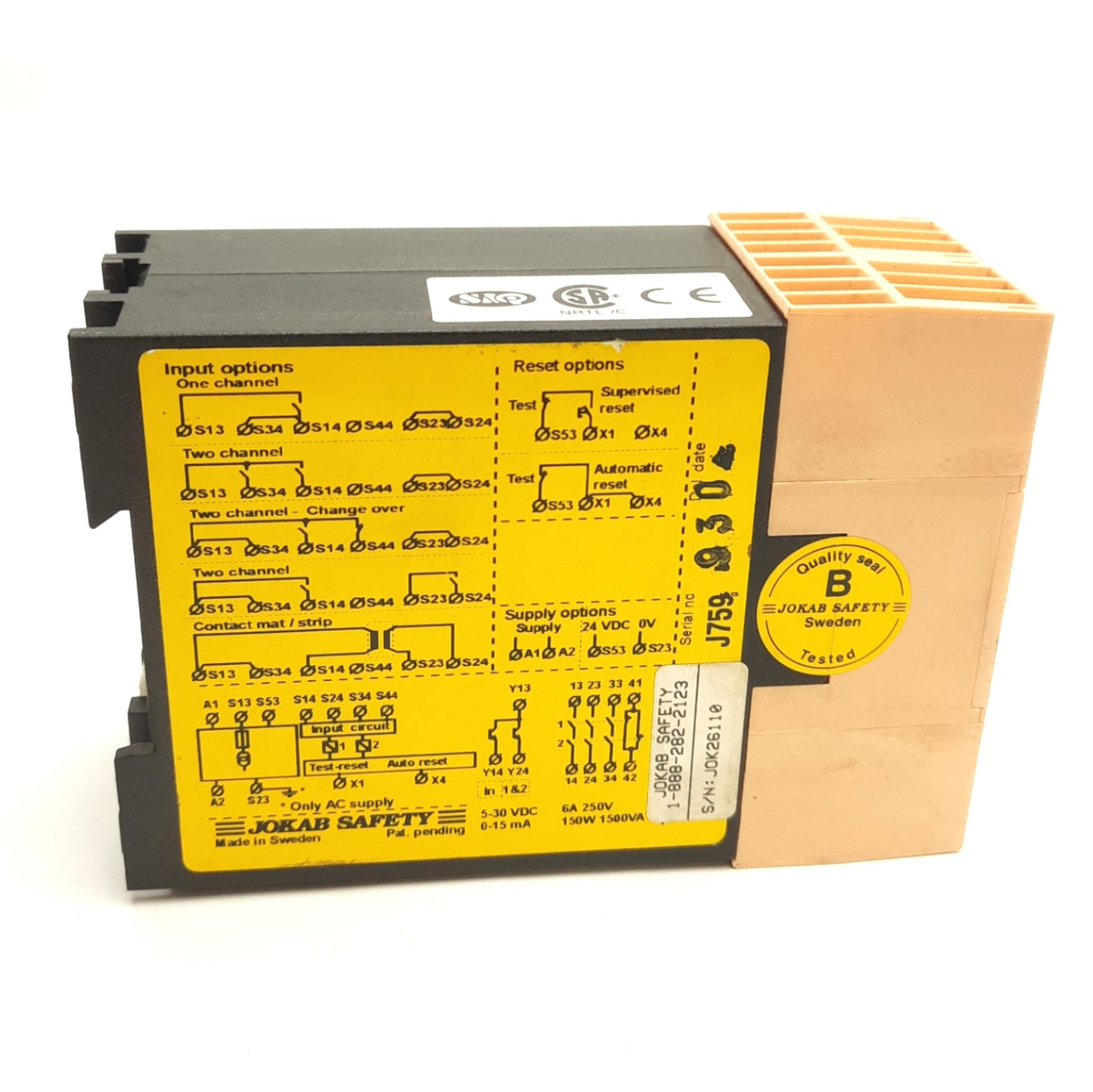 Used Jokab Safety RT6-115 Safety Relay, 5 Inputs, 3NO 1NC Relay Outputs, 115V AC Coil