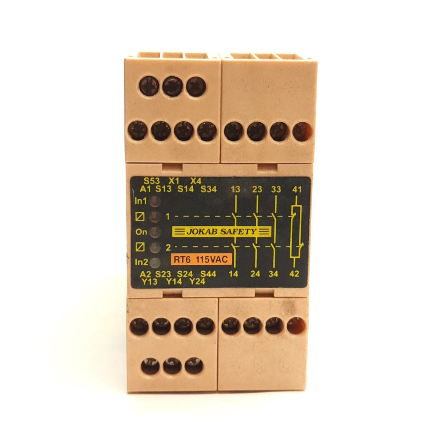 Used Jokab Safety RT6-115 Safety Relay, 5 Inputs, 3NO 1NC Relay Outputs, 115V AC Coil