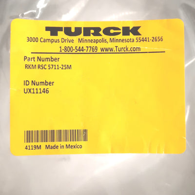 New Turck RKM RSC 5711-25M Cordset, 7/8"-16 UN Female 5-Pin to M12 Male 5-Pin, 25m