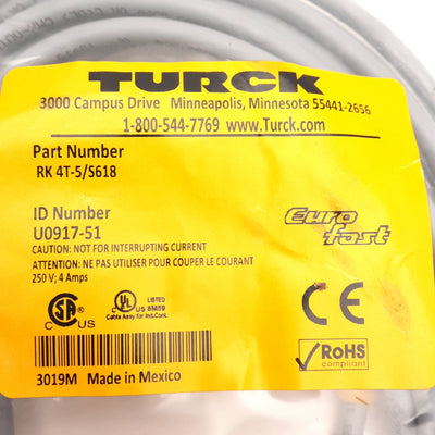 New Turck RK 4T-5/S618 Cordset, M12 Female Straight 5-Pin to Flying Leads, 5m