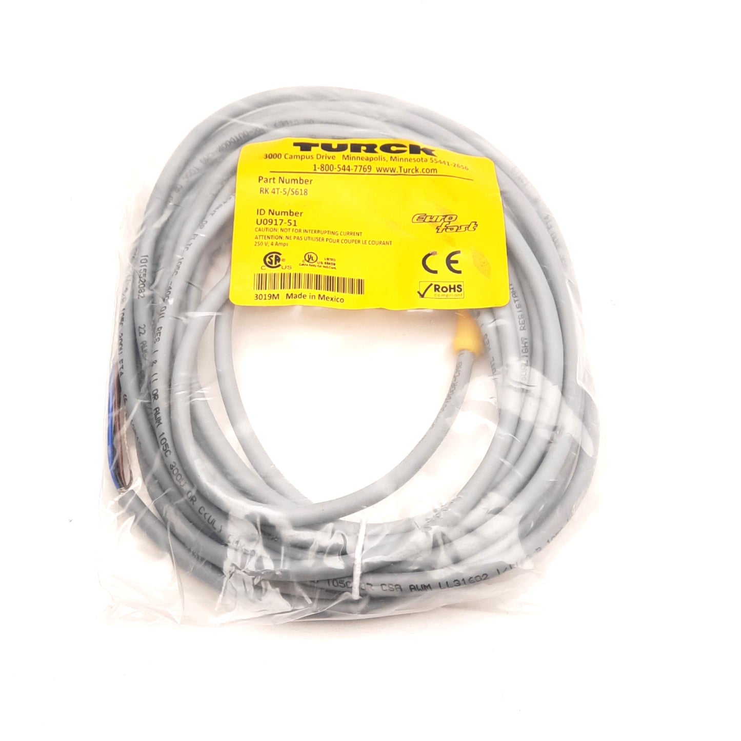 New Turck RK 4T-5/S618 Cordset, M12 Female Straight 5-Pin to Flying Leads, 5m