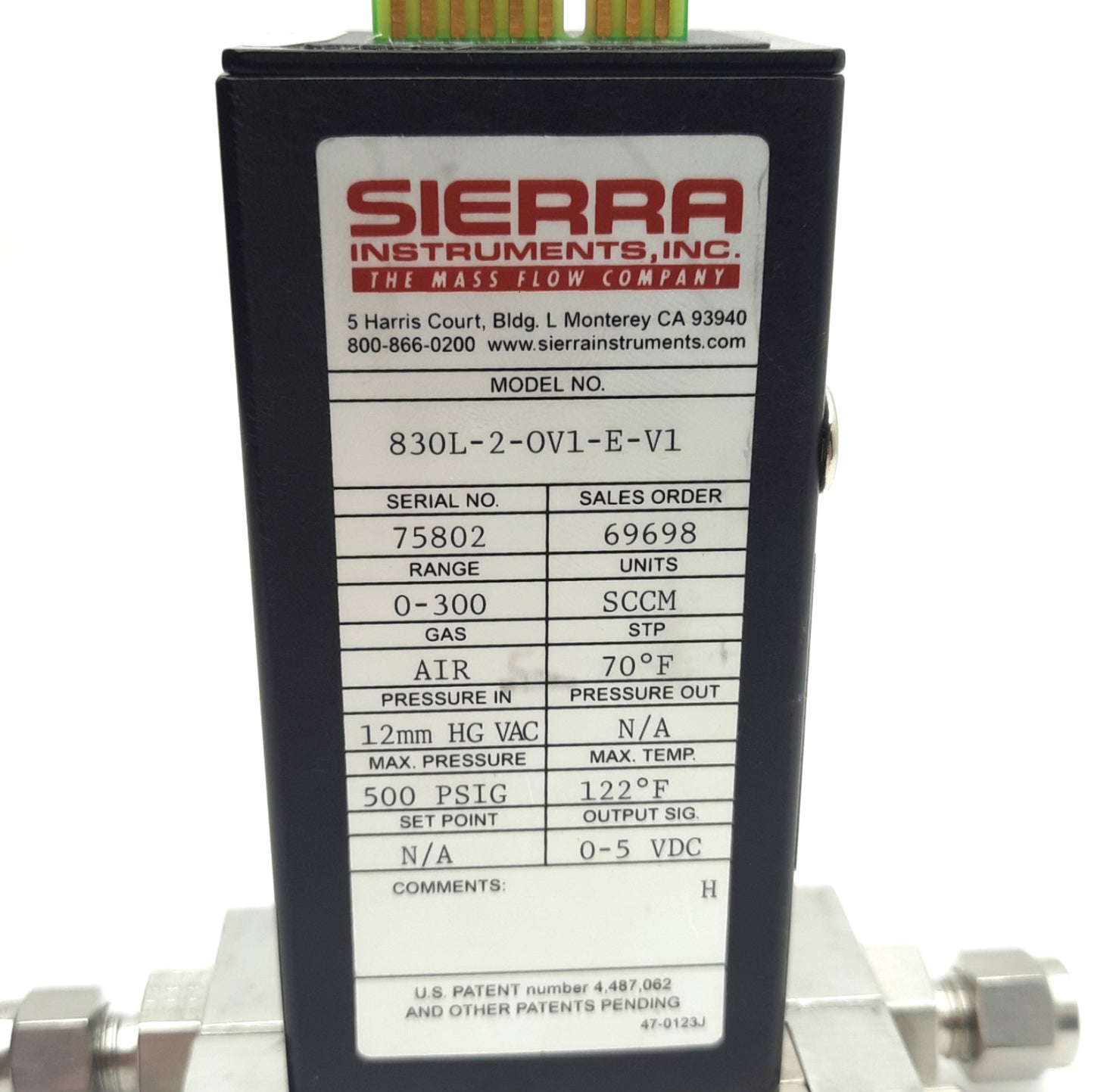 Used Sierra 830L-2-OV1-E-V1 Mass Flow Meter 0-300 SCCM Air, 5V DC Output