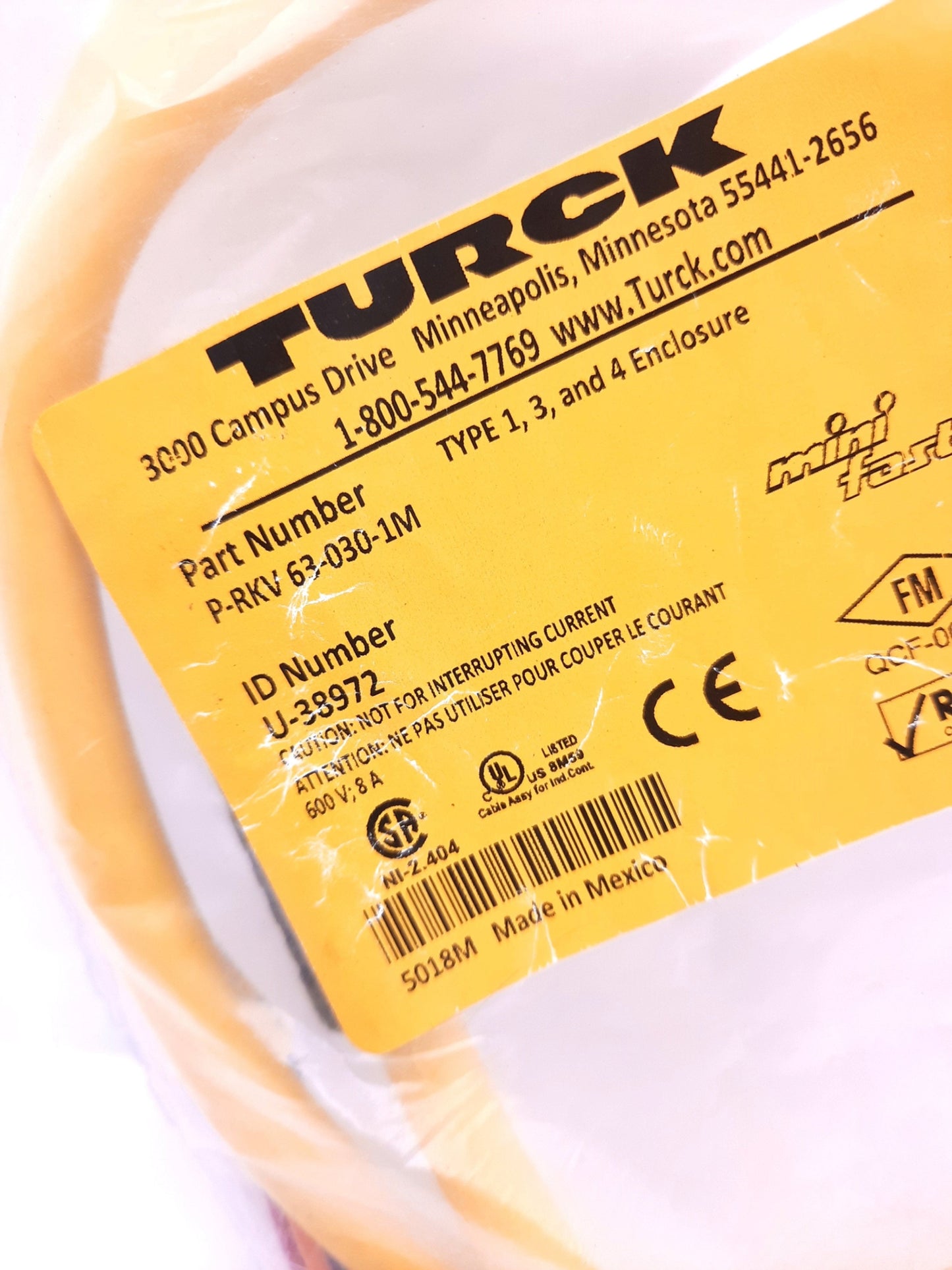 New Turck P-RKV 63-030-1M Cordset 6 Pin 7/8" -16 UN, Straight, Female 600VAC, 8A