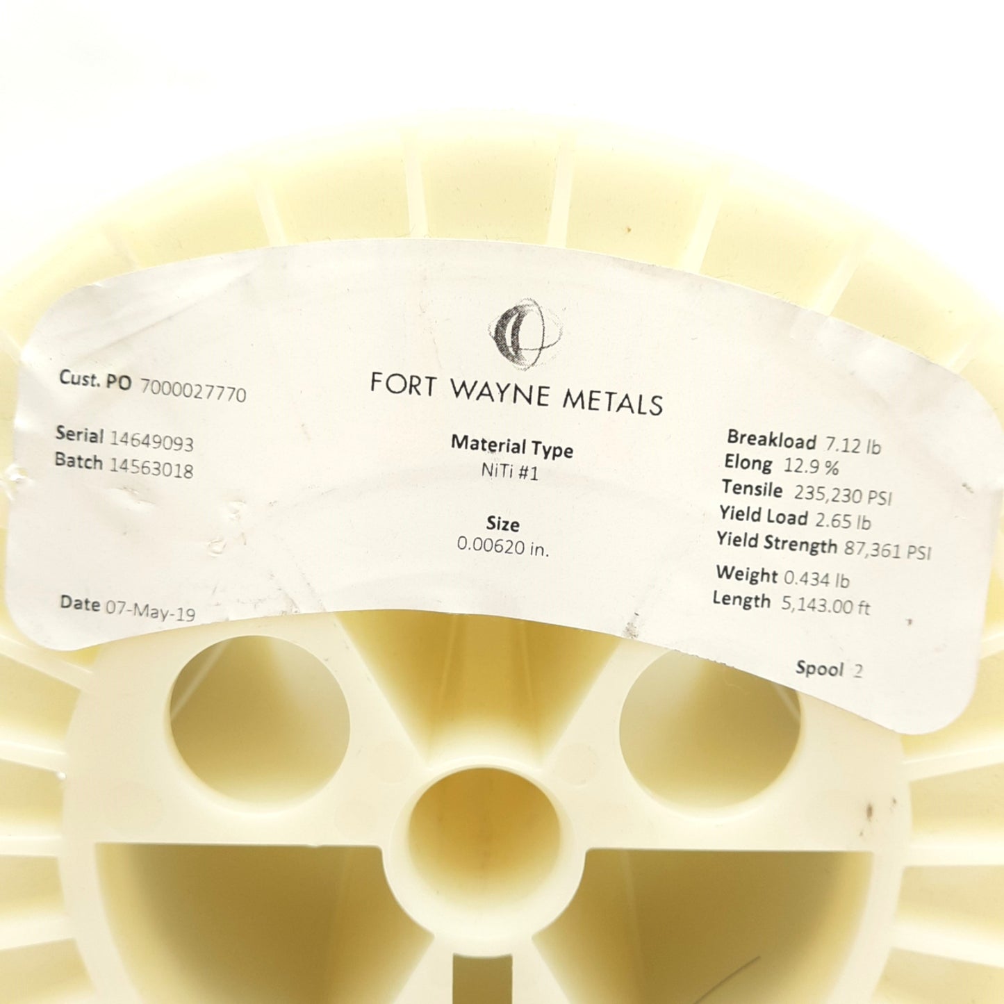 Used Fort Wayne Metals NiTi#1 Round Wire Spool, 0.0062" Diameter, ~1400' L, 54.7g