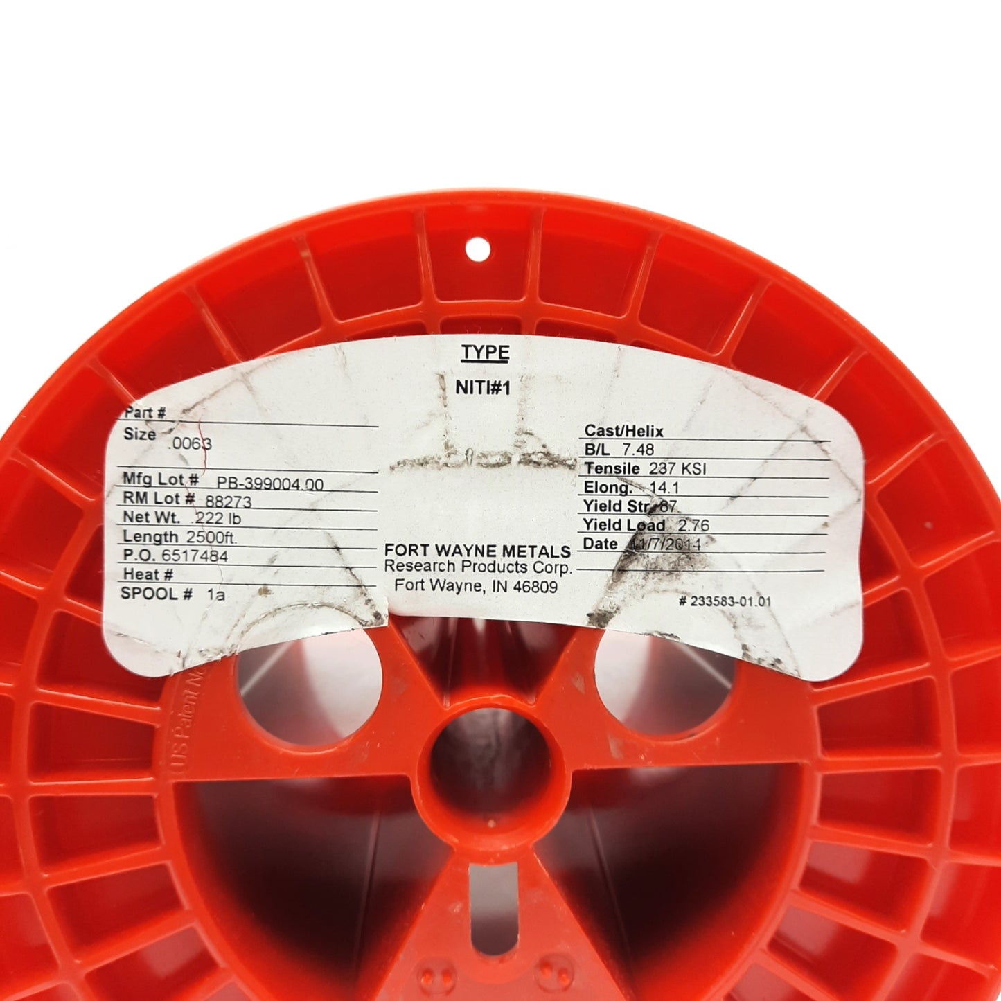 Used Fort Wayne Metals NiTi#1 Round Wire Spool, 0.0063" Diameter, ~1700' L, 69.2g