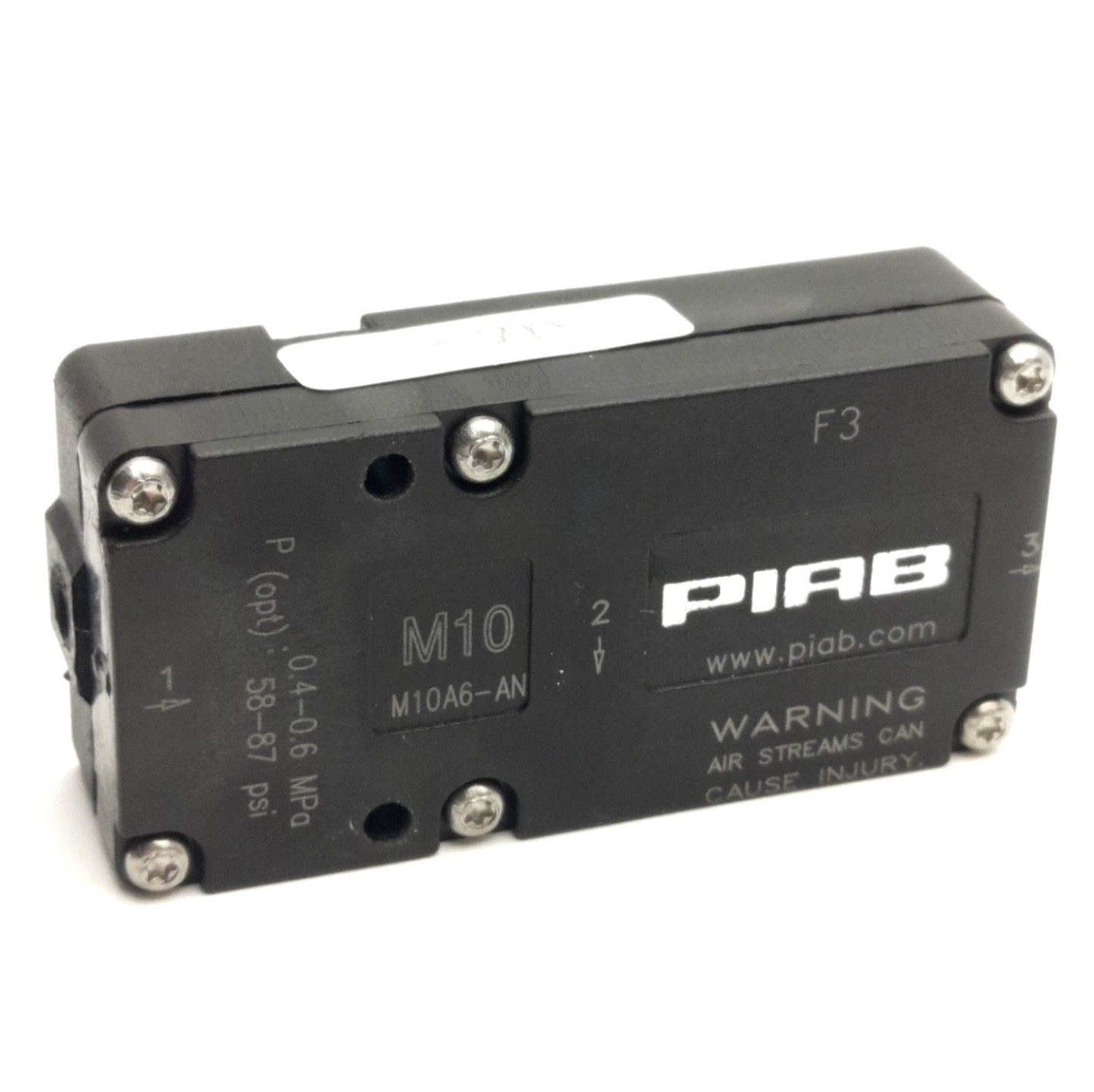Used Piab M10A6-AN Mini-Vacuum Pump, 58-87 Psi, 1/8" NPT & M5 Ports, 24.1 InHg