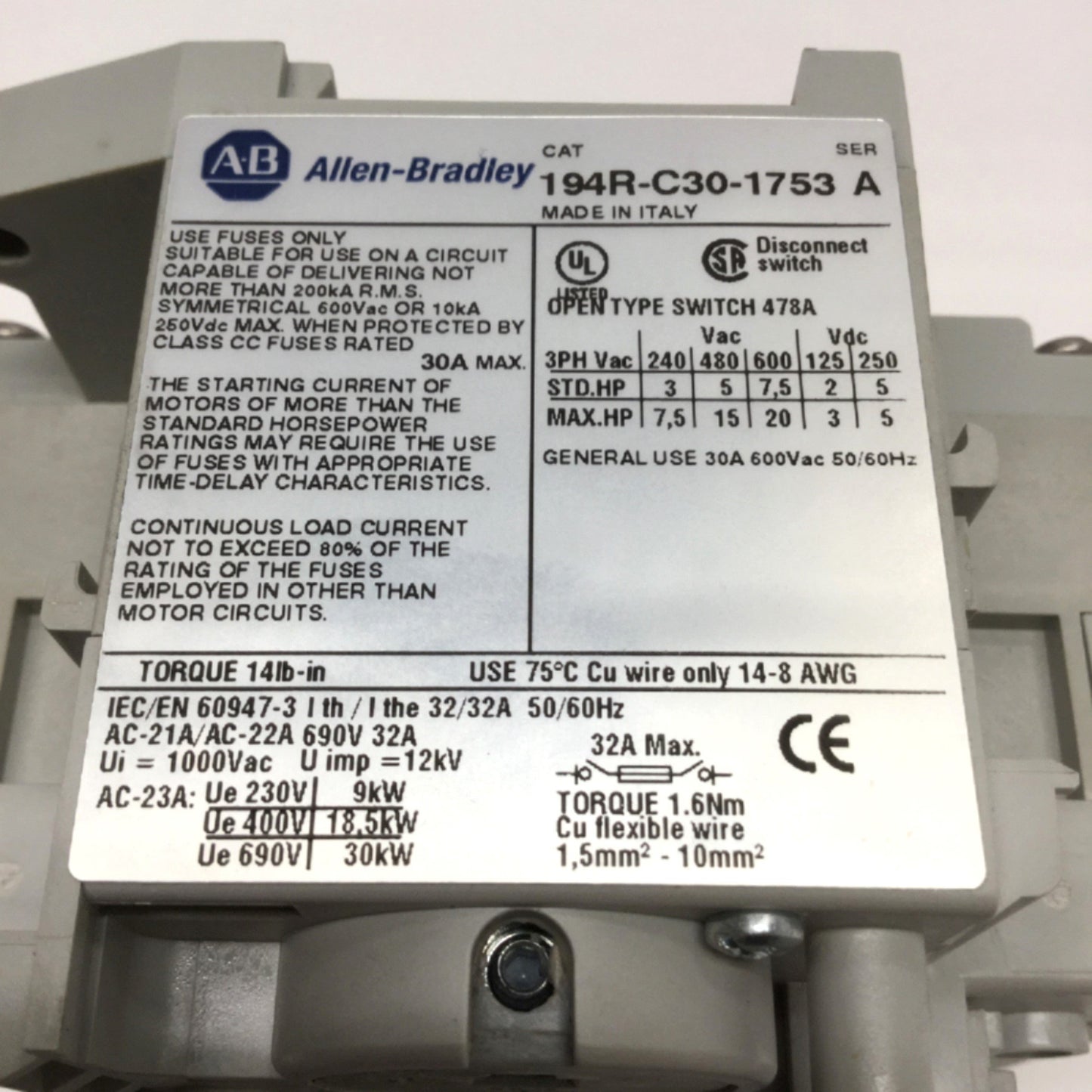 Used Allen Bradley 194R-C30-1753 Fused Rotary Disconnect Switch 30A, 600VAC, 3-Pole