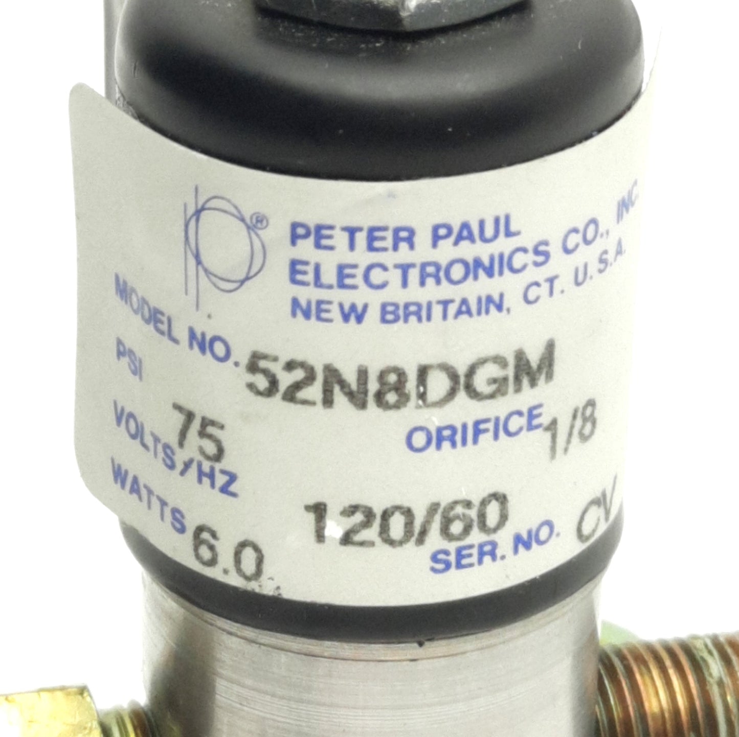 Used Peter Paul 52N8DGM Solenoid Valve 2-Way N.C., 75 Psi Max, 1/8" NPT, 120VAC Coil