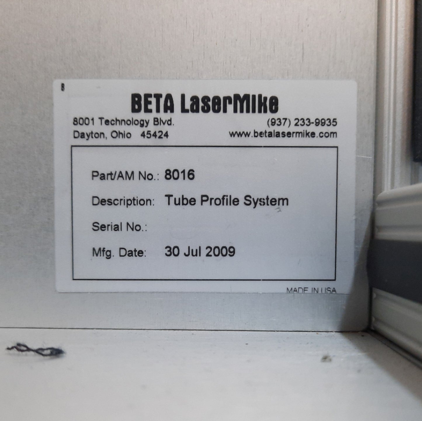 Used BETA Lasermike 8016 Tube Profile System, 0-26" Length, .01-.13" Diameter, 120VAC