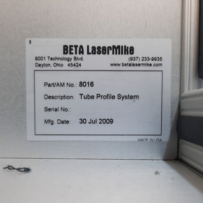 Used BETA Lasermike 8016 Tube Profile System, 0-26" Length, .01-.13" Diameter, 120VAC