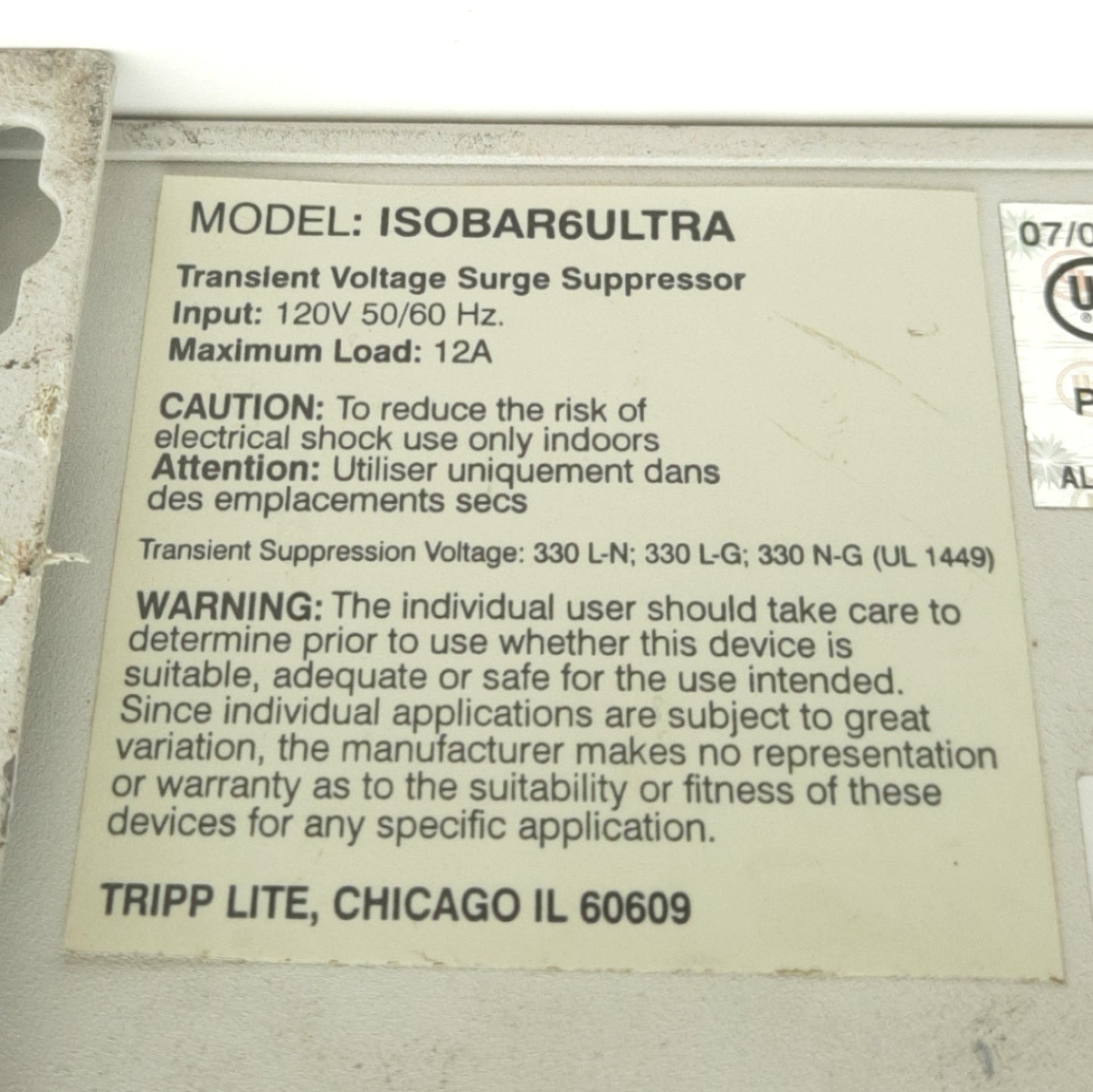 Used Tripp Lite ISOBAR6ULTRA Diagnostic Surge Suppressor, 120V AC 12A, 6 Outlets