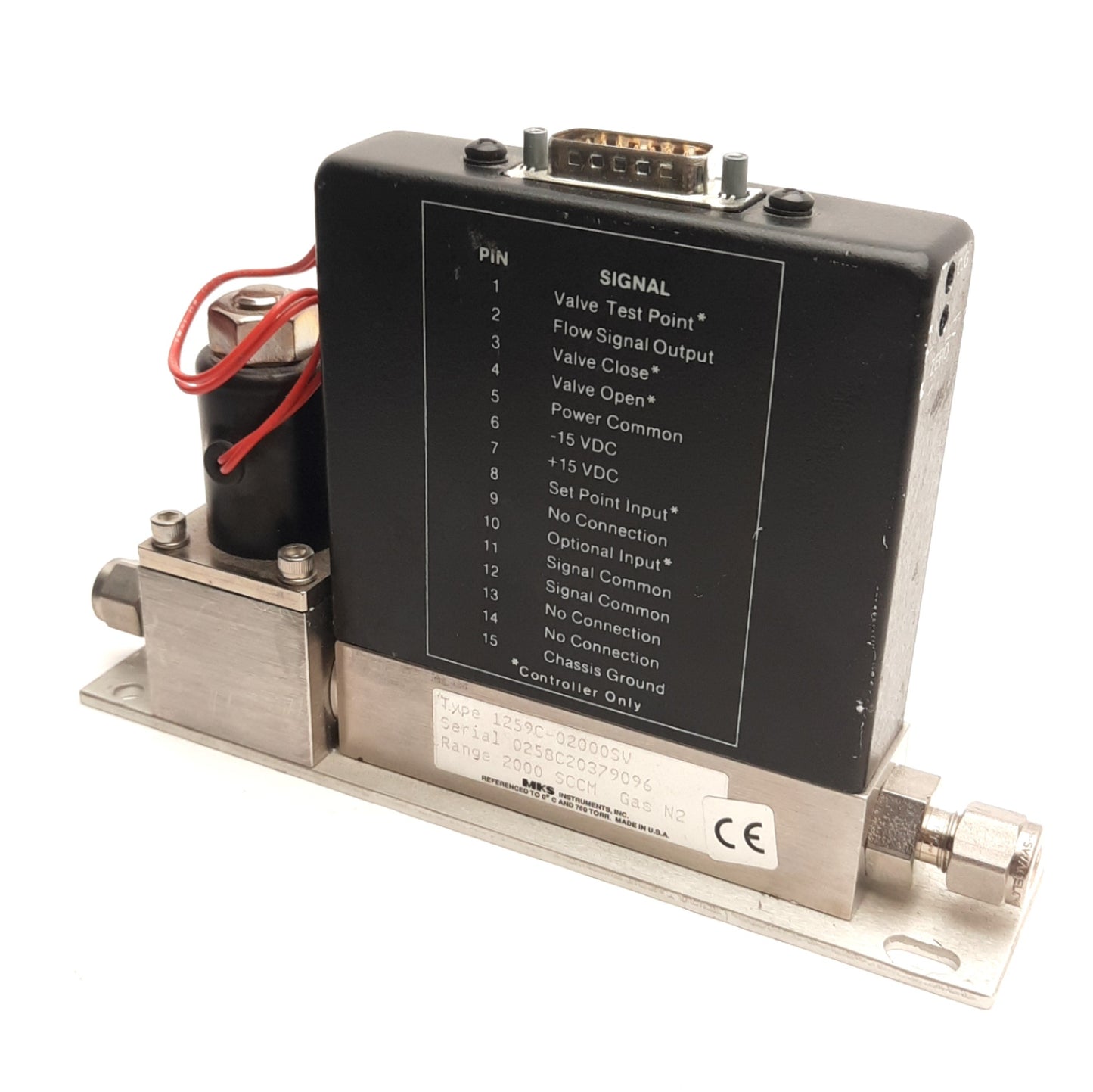 Used MKS Instruments 1259C-02000SV Mass Flow Controller 15V DC, 200 SCCM N2 Gas Range