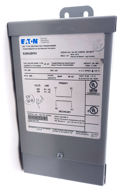 New Eaton S29N25P51 Dry Type Distribution Transformer 208-220V, 58AP Frame, 220 Sec