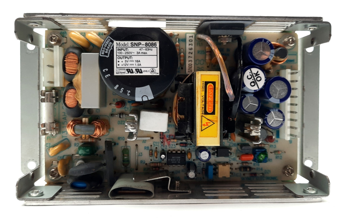 Used Skynet SNP-8086 Power Supply Out: 12VDC 1.5A 5VDC 16A In: 100-250VAC 3A 50/60Hz