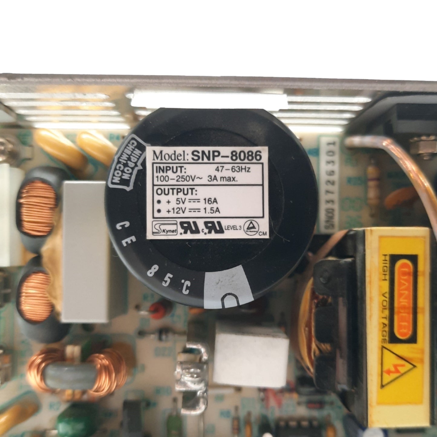 Used Skynet SNP-8086 Power Supply Out: 12VDC 1.5A 5VDC 16A In: 100-250VAC 3A 50/60Hz