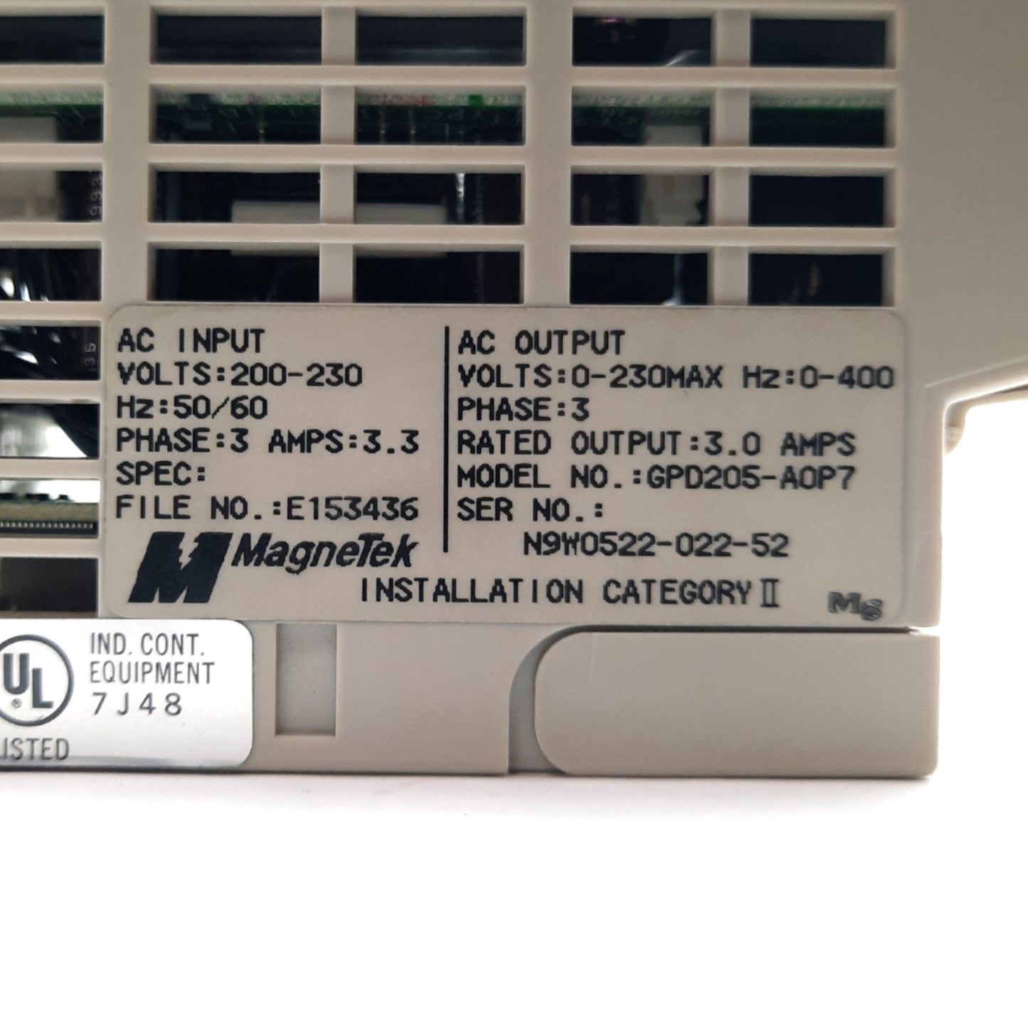 Used  Magnetek GPD205-A0P7 3-Phase AC Drive Out: 0-230VAC 0-400Hz 3A In: 200-230VAC