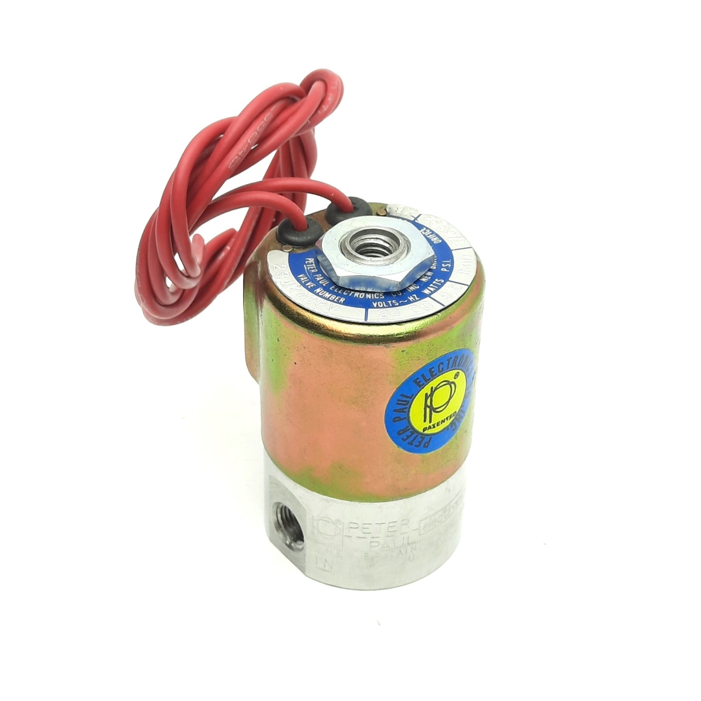 Used Peter Paul 23JK7DGV Solenoid Valve, 3-Way NC, 24VDC 9.5W, 100psi, 1/8" NPT