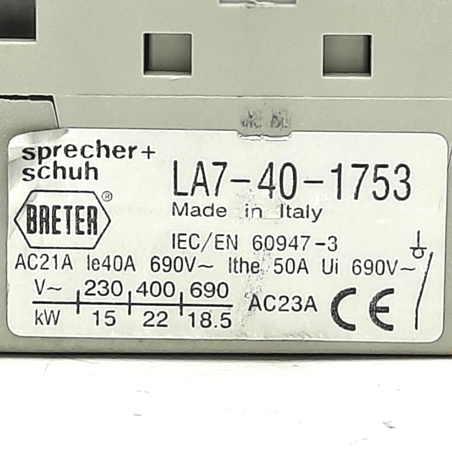 Used Sprecher + Schuh LA7-40-1753 Motor Disconnect Switch, 600VAC 40A, 3-Pole
