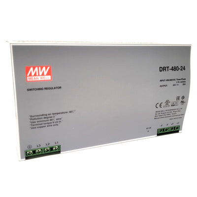 New Mean Well DRT-480-24 DIN Rail Power Supply 480W, 340-550VAC 3-Ph To 24VDC 20A