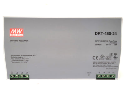New Mean Well DRT-480-24 DIN Rail Power Supply 480W, 340-550VAC 3-Ph To 24VDC 20A