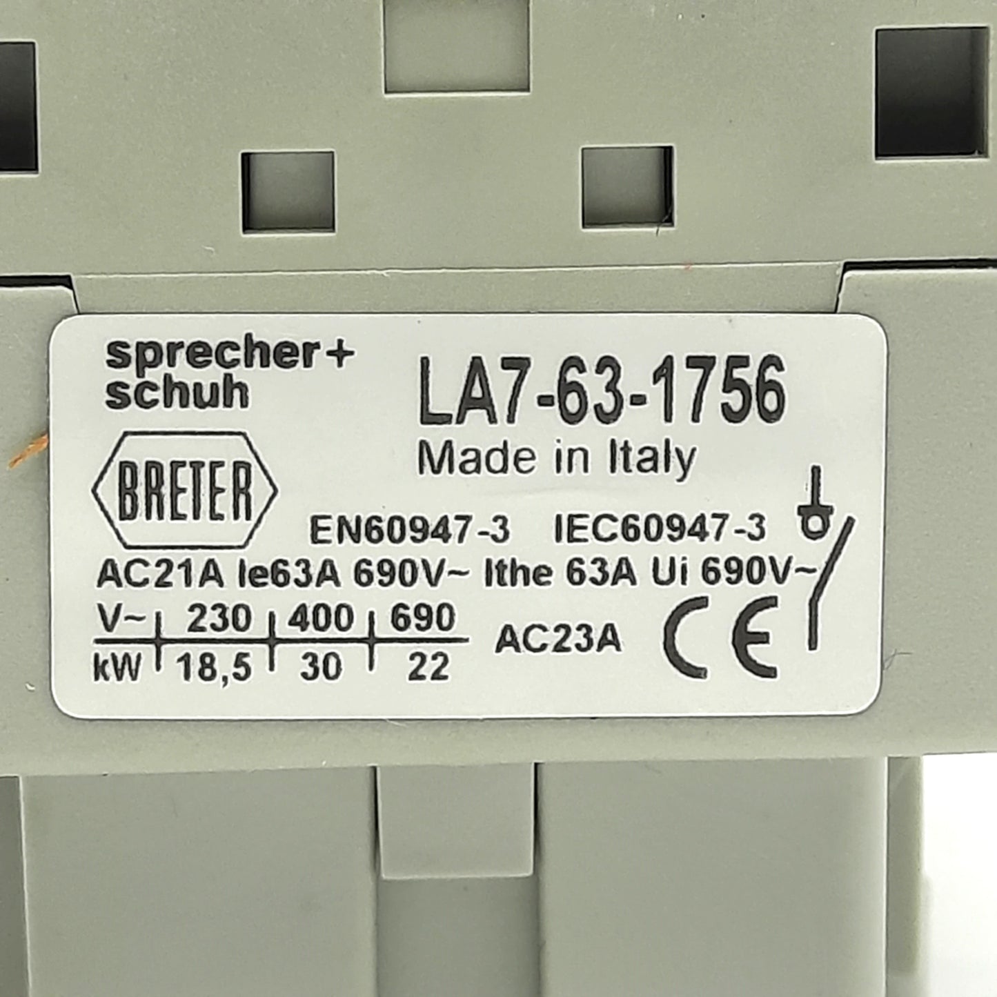 Used Sprecher + Schuh LA7-63-1756 Motor Disconnect Switch, 690VAC 63A, 90° Throw