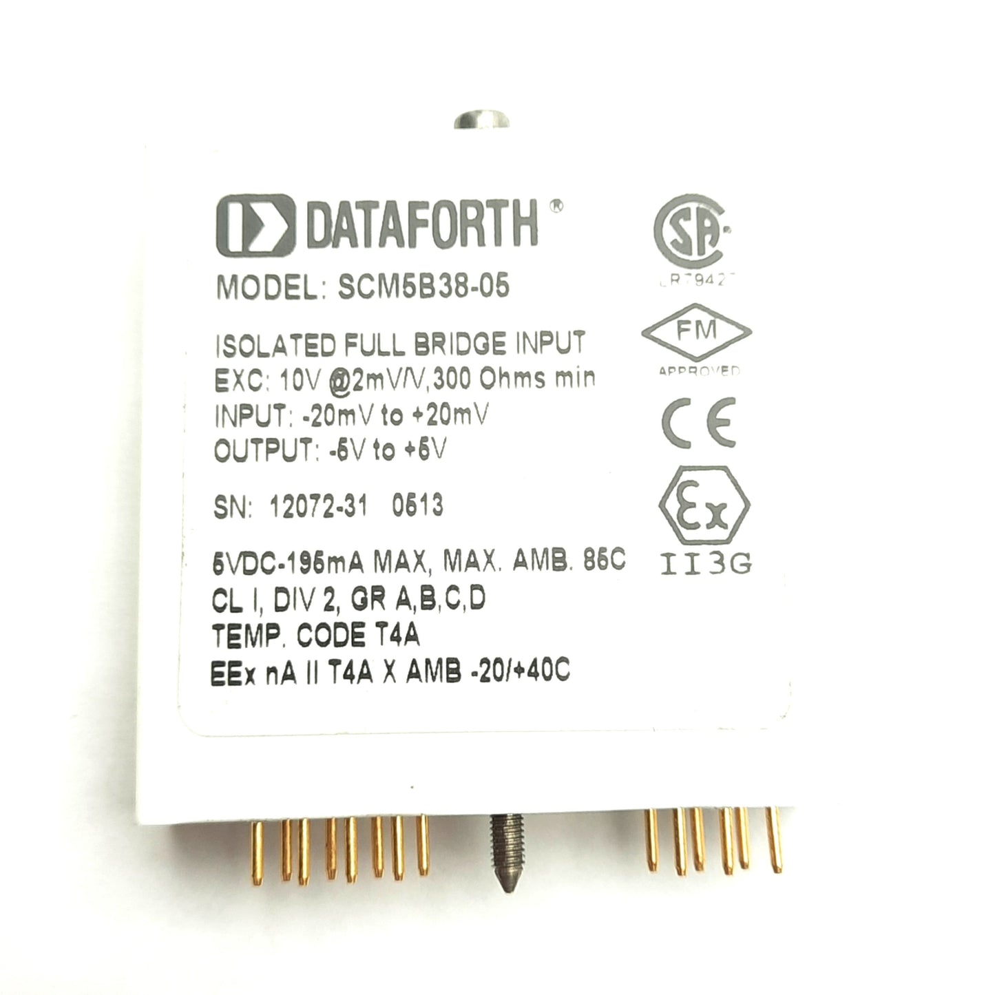 Used Dataforth SCM5B38-05 Strain Gauge Input Module, ±20mV In ±5V Out, 10V @ 2mV/V