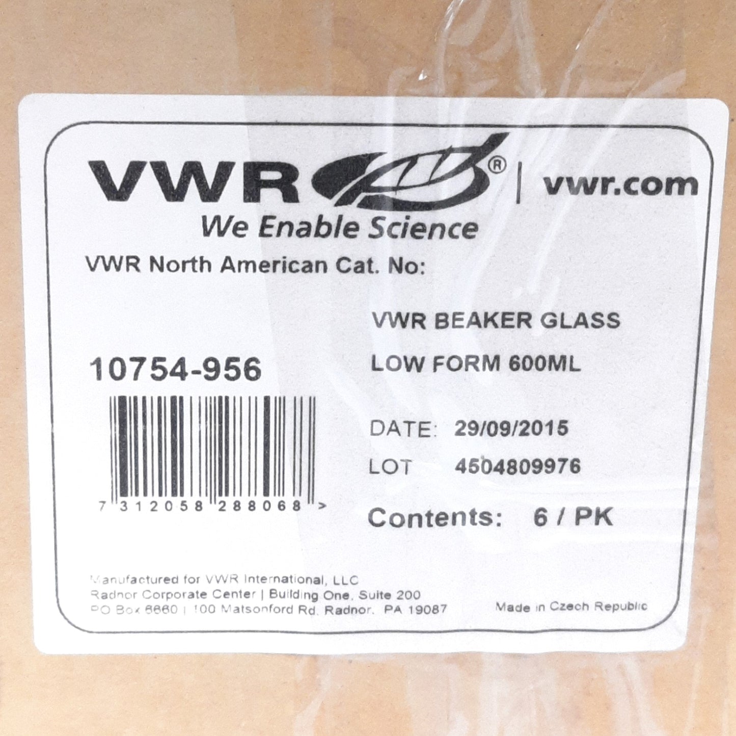 New Lot of 6 VWR 10754-956 Low Form Glass Beakers, 20oz/600ml, 50-500ml Graduation