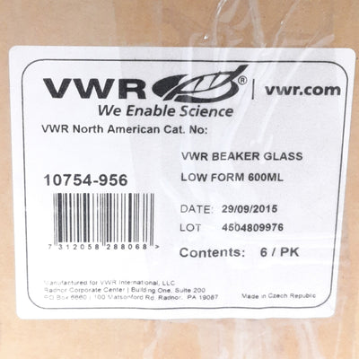 New Lot of 6 VWR 10754-956 Low Form Glass Beakers, 20oz/600ml, 50-500ml Graduation