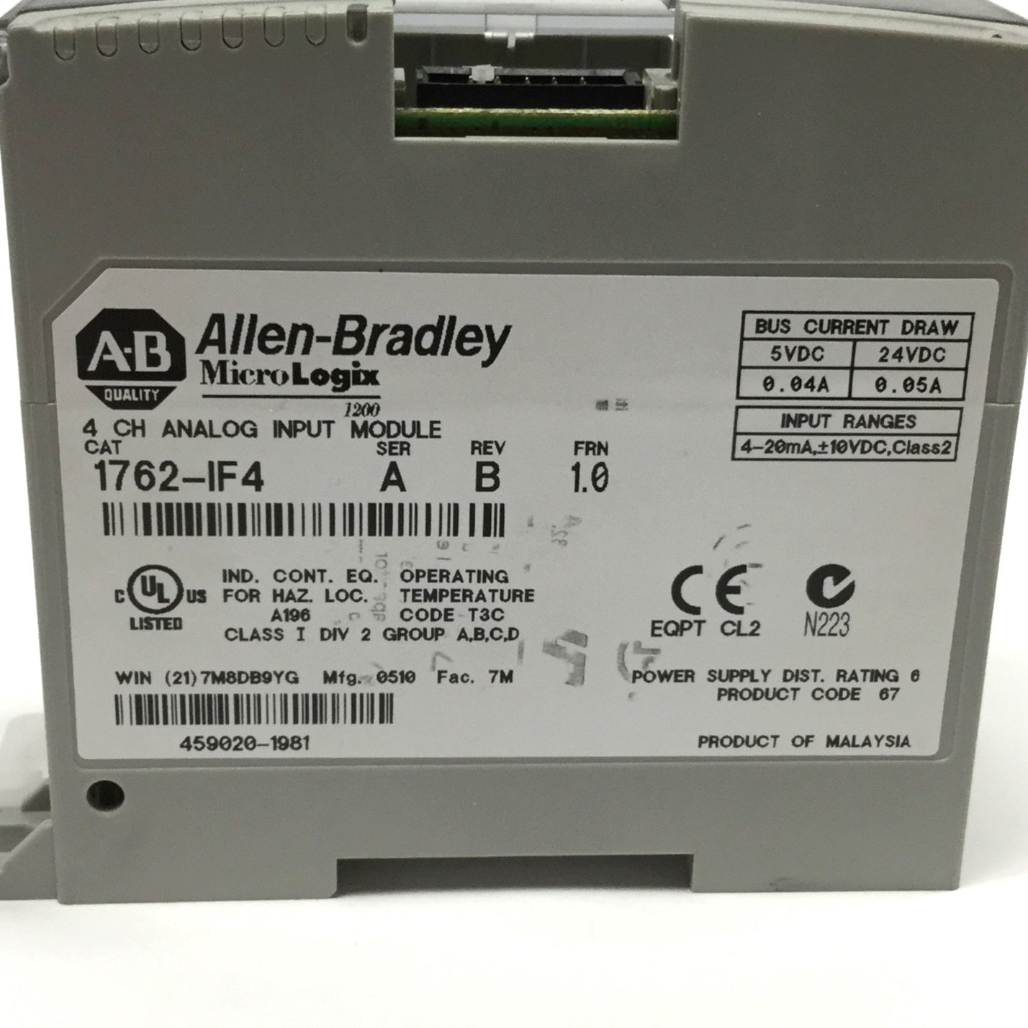 Used Allen Bradley 1762-IF4 MicroLogix Analog Input Module, 4-Channel, 4-20mA ±10VDC