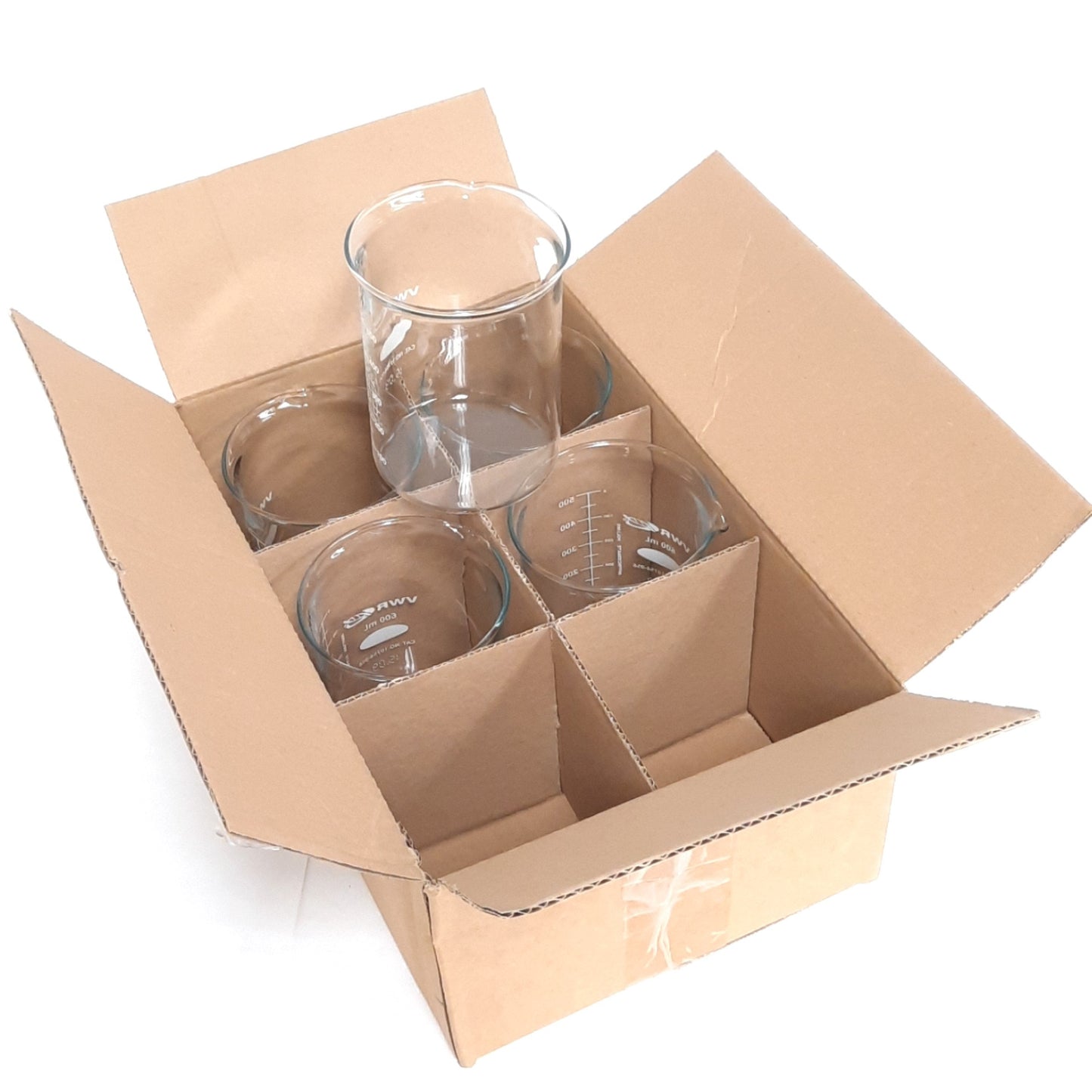 New – Open box Lot of 5 VWR 10754-956 Low Form Glass Beakers, 20oz/600ml, 50-500ml Graduation