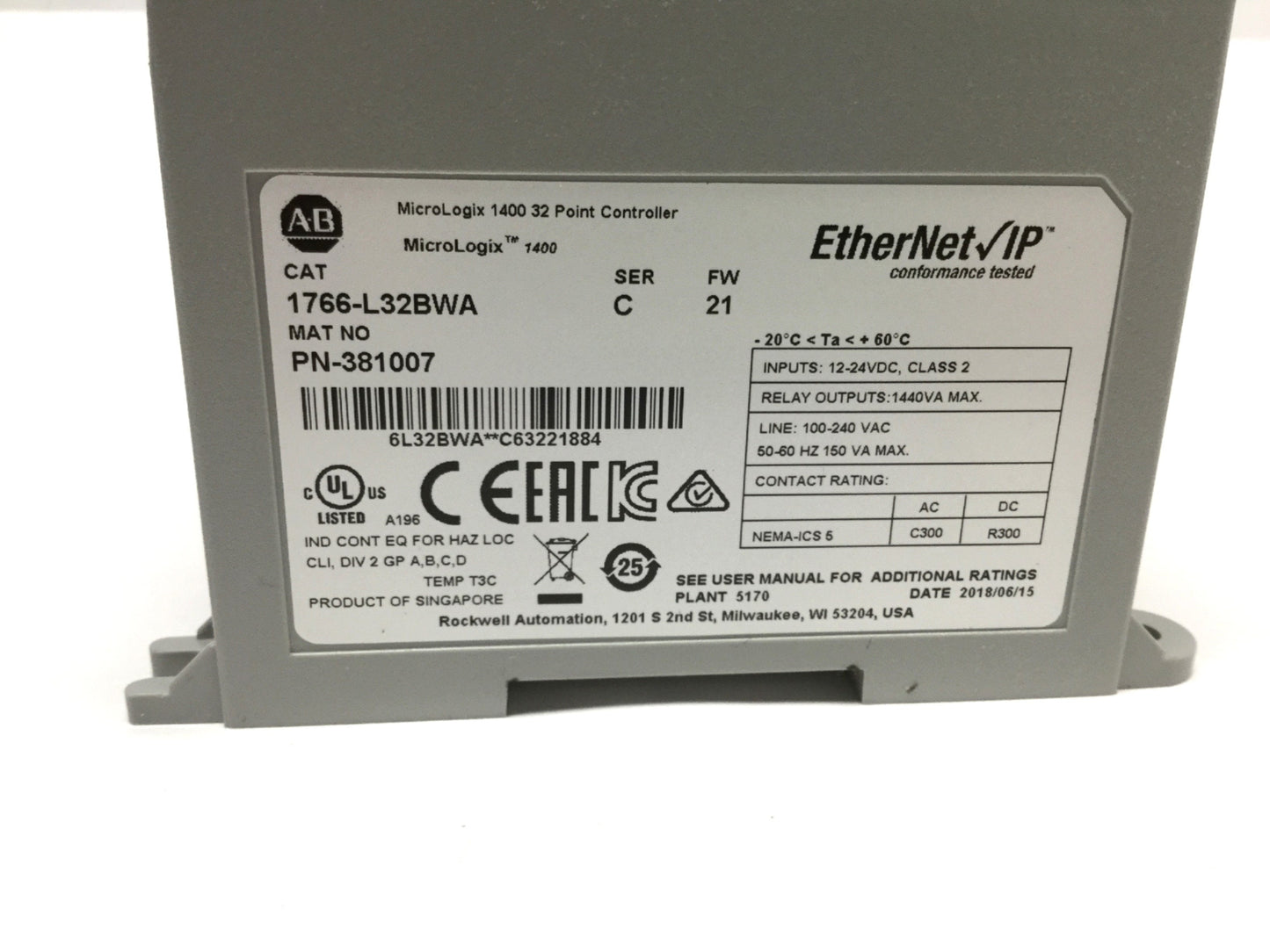 Used Allen Bradley 1766-L32BWA Ser C MicroLogix 1400 PLC CPU Controller, 120/240VAC