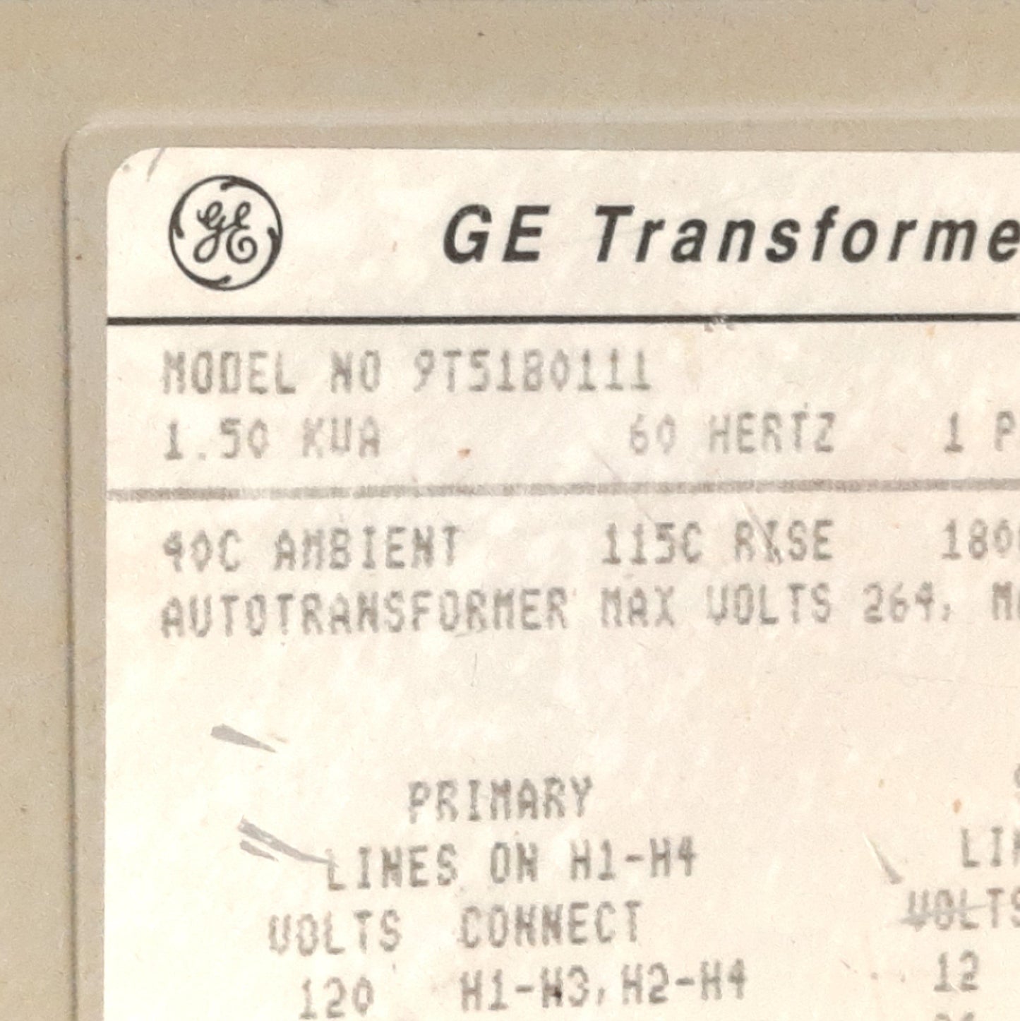 Used GE 9T51B0111 Enclosed Buck Boost Transformer 120/240V Pri 12/24V Sec 60Hz 1.5KVA